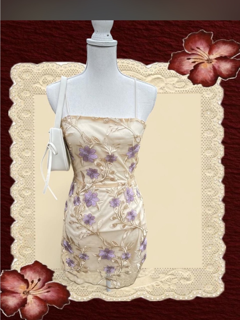 Strapless Ivory Mini Dress with Lavender Floral Embroidery
